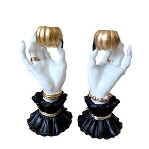Bella Lux Witch Hand Taper Candle Holders Set 2 Black White Gold Halloween NEW